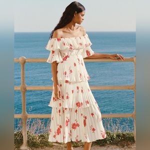 Self-Portrait. Pleated Off-The-Shoulder Midi-Dress